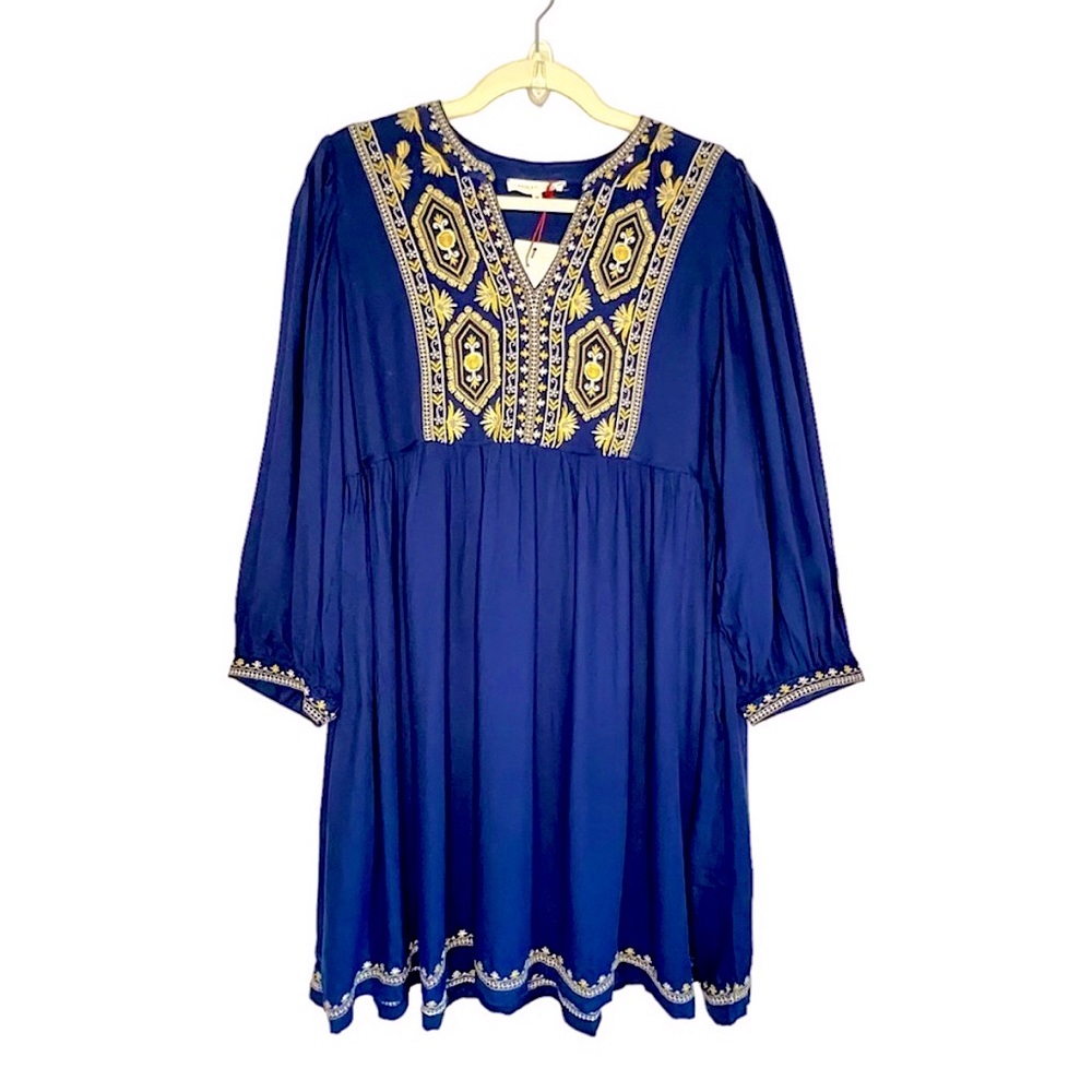 Anthropologie | Solitaire Boho Embroidered Dress Blue Size Medium